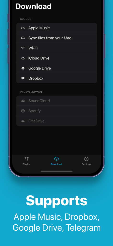 Volume Booster for Spotify - Interfaz de la aplicación Volume Booster que muestra opciones de importación de música desde Apple Music, Google Drive y Dropbox