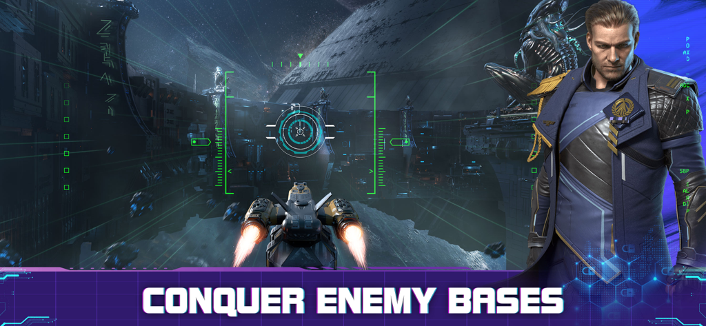 Infinite Galaxy - Una nave espacial apuntando a una estación espacial con un comandante uniformado y el texto conquista bases enemigas.