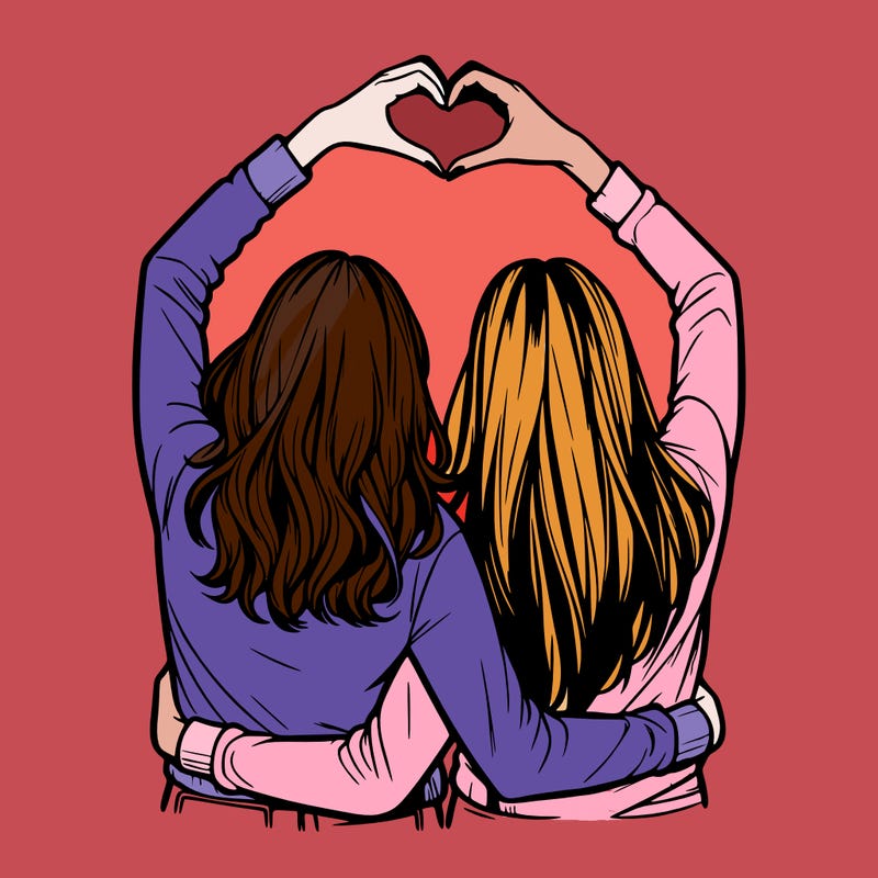 two friends with their backs turned and their hands in a heart realistic