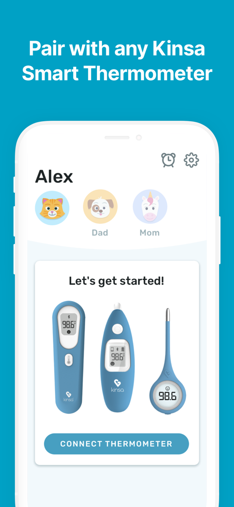 Setup screen of the Kinsa app showing family profiles for Alex Dad and Mom with a prompt to connect a smart thermometer