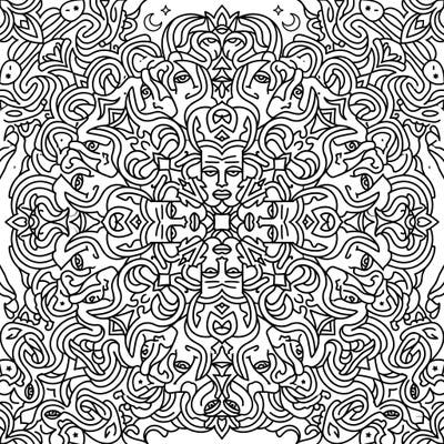 Explore a captivating world of abstract art with this intricate mandala coloring page. Featuring symmetrically arranged abstract portraits and flowing patterns, it promises a uniquely meditative and creative coloring experience.