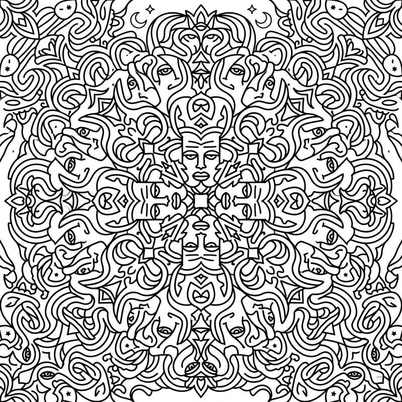 Explore a captivating world of abstract art with this intricate mandala coloring page. Featuring symmetrically arranged abstract portraits and flowing patterns, it promises a uniquely meditative and creative coloring experience.