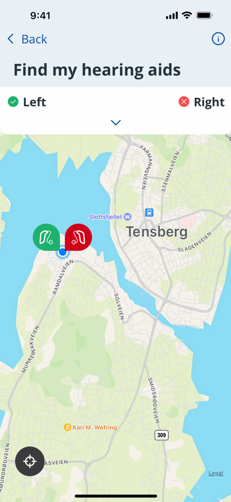 KINDconnect - KINDconnect App-Oberfläche mit der Funktion 'Finde meine Hörgeräte' und einer Karte, die die Standorte der Geräte anzeigt