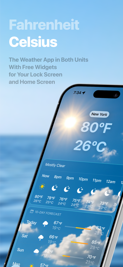 Unit Weather app interface showing both Fahrenheit and Celsius temperatures