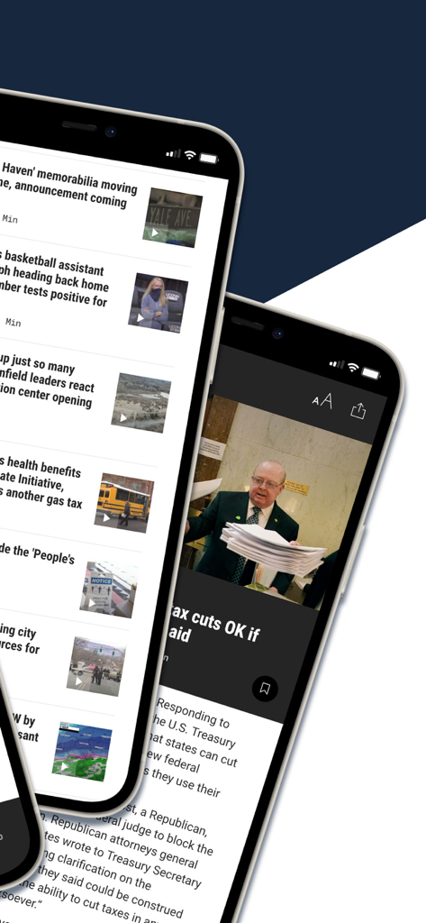 Smartphone screens displaying local news headlines and articles from the WTNH News 8 app.