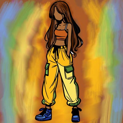 girl in baggy pants crop top and long hair