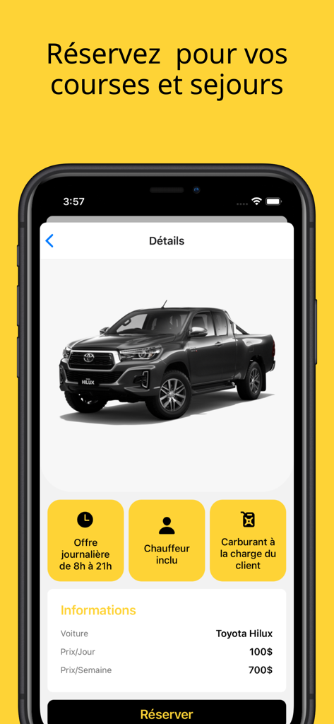 포함된 운전자가 있는 Toyota Hilux 렌탈 가격 및 세부 정보를 보여주는 Motuka의 모바일 앱 화면
