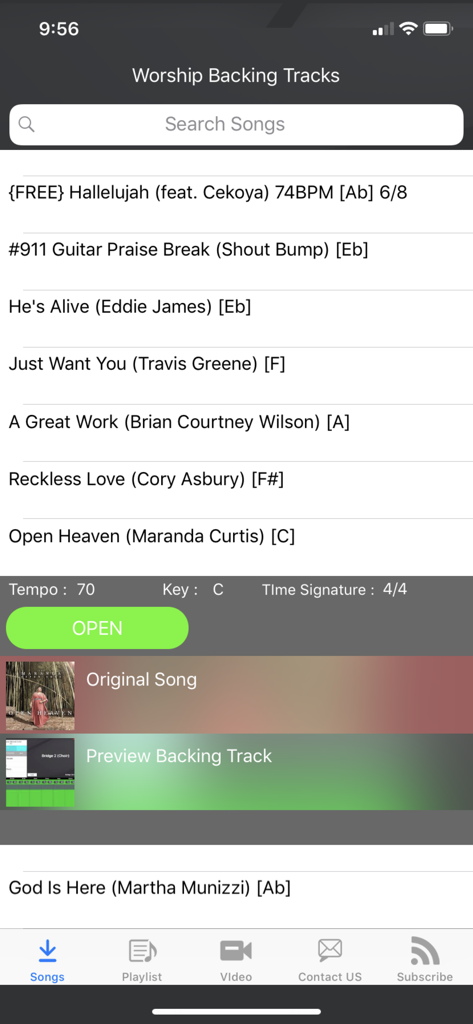 Interface de l'application Pistes d'Accompagnement pour le Culte affichant une liste consultable de chansons de culte avec des détails tels que le tempo et la tonalité musicale