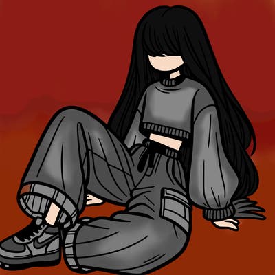 a girl with baggy pants and a crop top with long hair