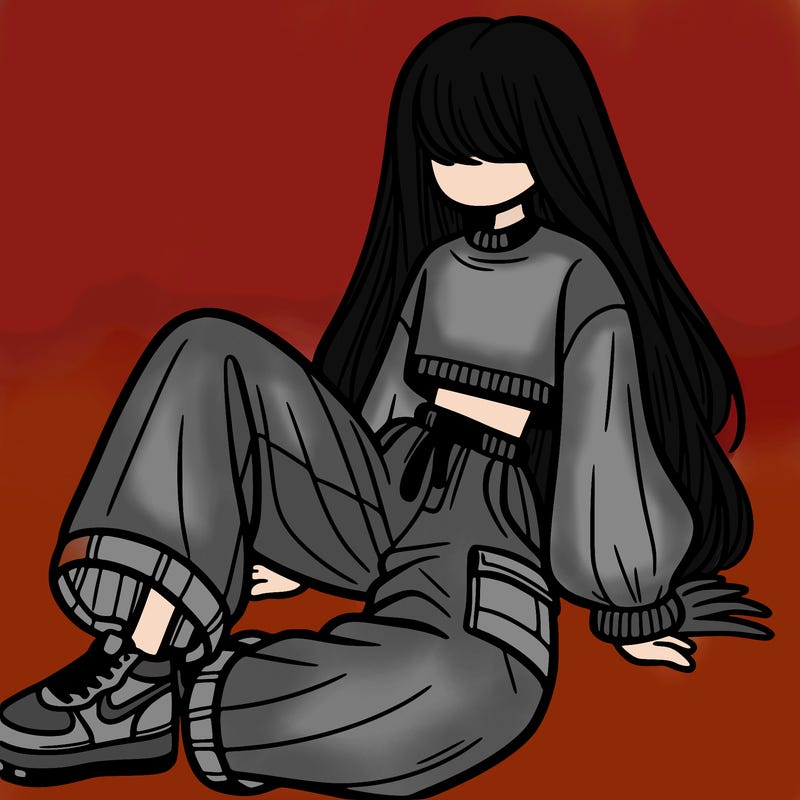 a girl with baggy pants and a crop top with long hair