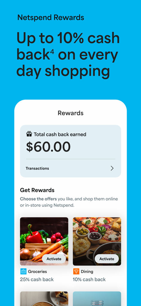 Netspend - Netspendアプリの画面には、食料品および外食の特典で獲得した60ドルのキャッシュバックが表示されています