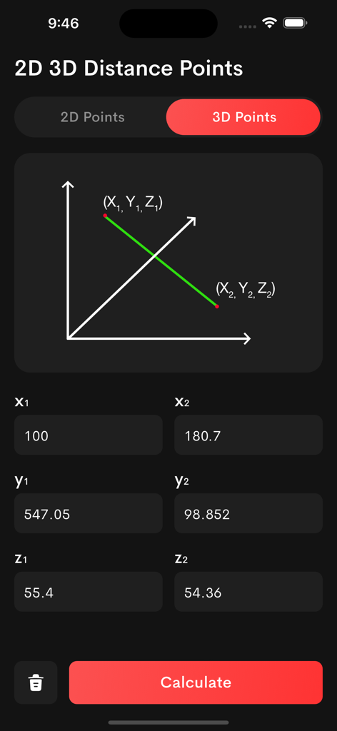 Distance Points Calculator - Mobile screen displaying 3D coordinate input fields and a distance calculation diagram