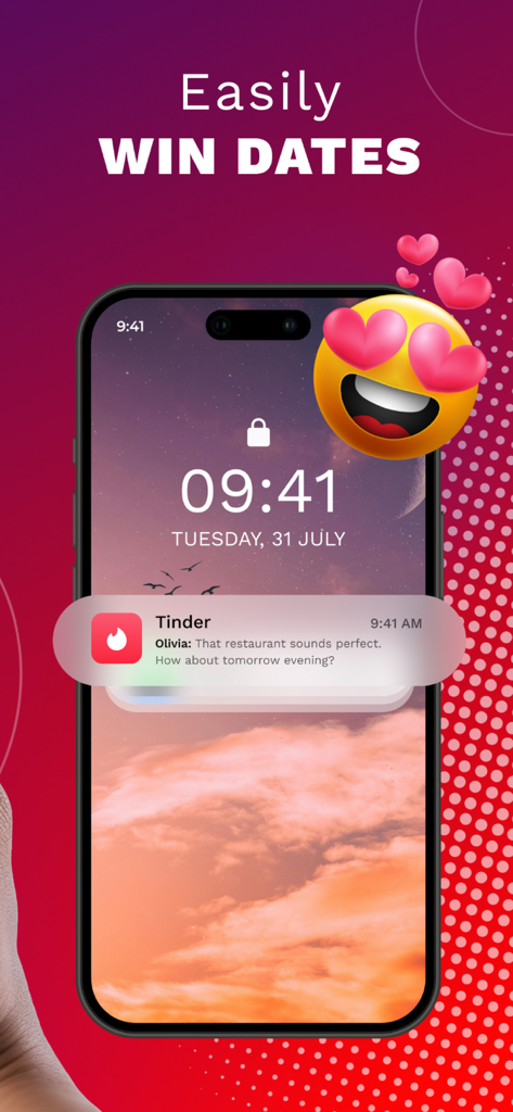 Rizz Up - AI Wingman Chat App - Pantalla de smartphone mostrando una notificación exitosa de una aplicación de citas con el titular Gana Citas Fácilmente