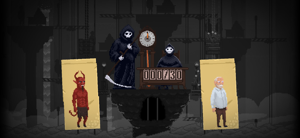 Pixel art gameplay of Peace Death showing a Reaper at a desk sorting a demon and an elderly man.