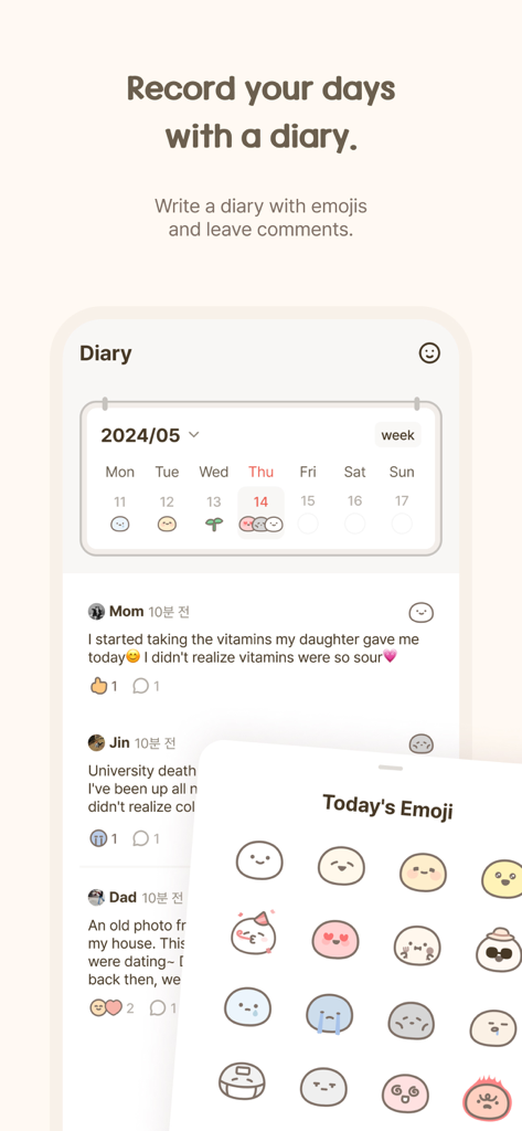 MindBridge App-Oberfläche mit einem Emoji-Tagebuchkalender und einem sozialen Feed für Familie und Freunde