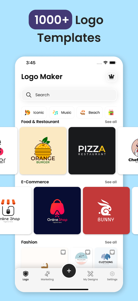 Logo Maker Shop - Creator ۬ - Interfaz de la app Logo Maker mostrando varias plantillas de logos para negocios categorizadas por industria
