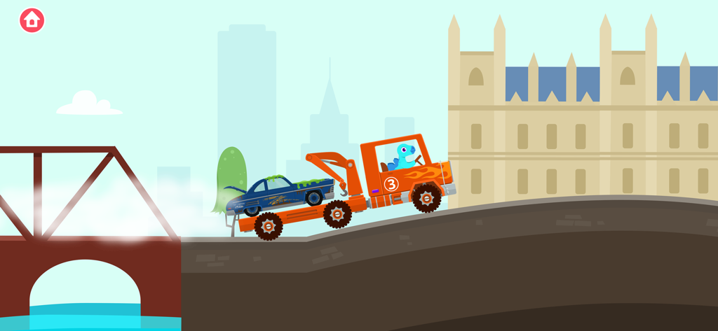 Ein Cartoon-Dinosaurier fährt einen orangefarbenen Abschleppwagen, der ein blaues Auto über eine Brücke in einer Stadt transportiert.