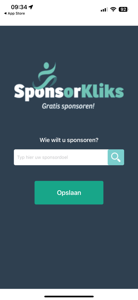 SponsorKliks App - Search screen in the SponsorKliks app to select a fundraising goal or organization to support.