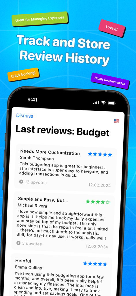 Review Buddy:ASO, switch store - Review Buddyアプリのインターフェース。グローバルアプリストア最適化のための追跡されたユーザーレビューと評価を表示しています