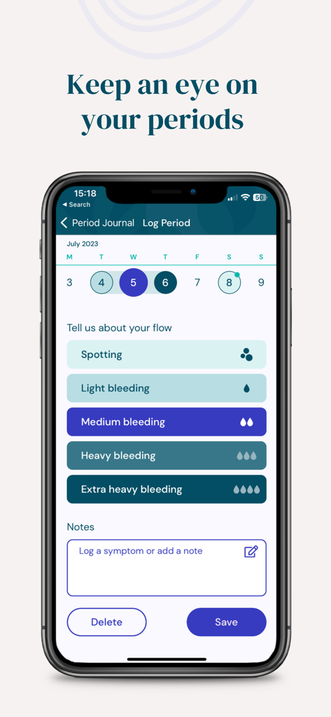 Balance - Menopause & Hormones - Balance app interface showing a period journal with options to log flow intensity and add notes.