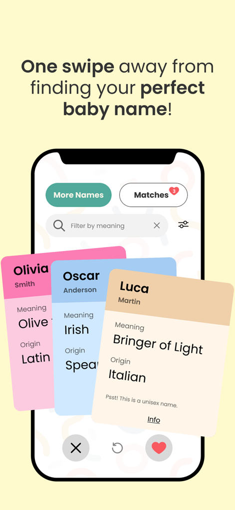 Baby Name Match - Mobile App-Oberfläche, die Namenskarten für Olivia, Oscar und Luca mit Bedeutungen und Wisch-zu-liken-Funktionalität zeigt.