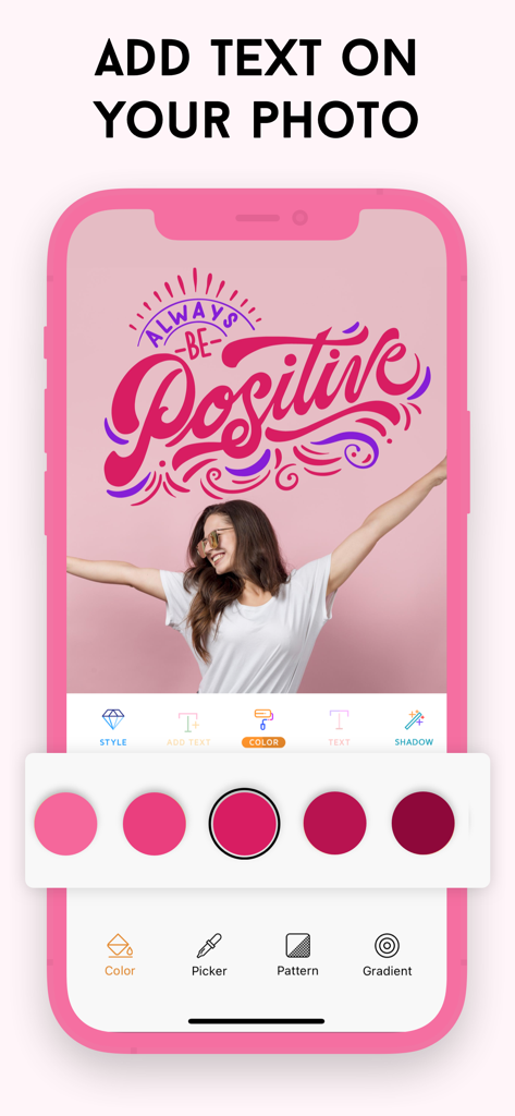 A foto de uma mulher com uma sobreposição de frase positiva estilosa sendo editada em um aplicativo móvel de seleção de fontes e cores com tema rosa.