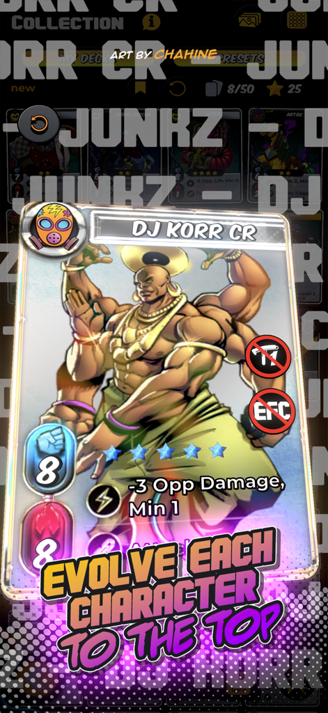 DJ Korr CR character card in the Urban Rivals mobile game showing stats and evolution text