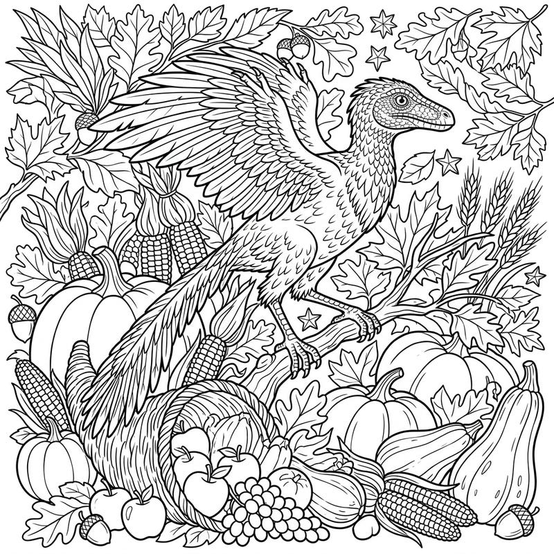 Journey back in time with this fascinating Archaeopteryx Thanksgiving coloring page, blending ancient avian history with festive autumn traditions. Immerse yourself in a scene rich with harvest delights, perfect for a unique and educational creative session.