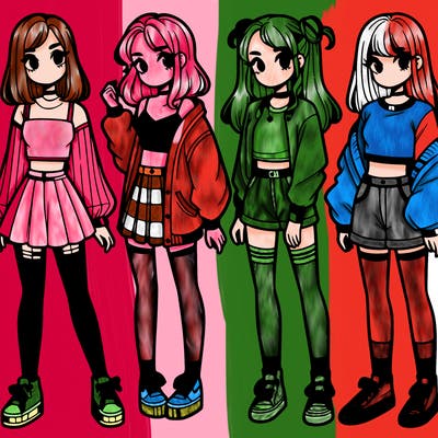 one girl with crop-top shirt and a jacket with a skirt, long socks and another girl with a shirt and pants with a jacket