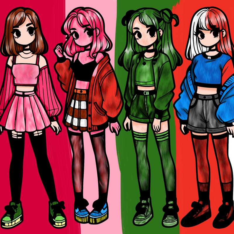 one girl with crop-top shirt and a jacket with a skirt, long socks and another girl with a shirt and pants with a jacket