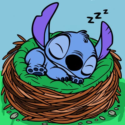 stitch sleeping in a nest