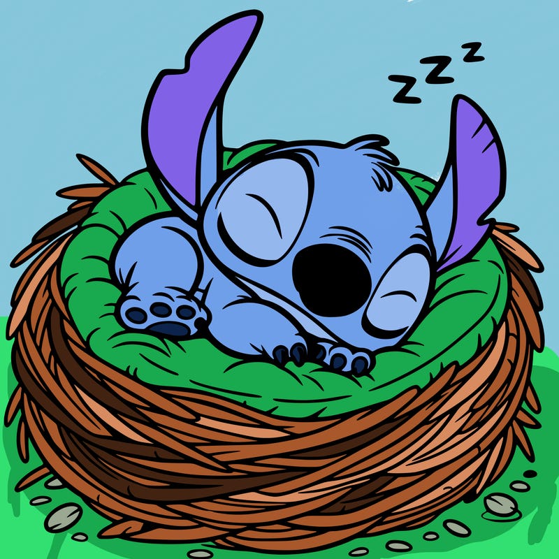 stitch sleeping in a nest