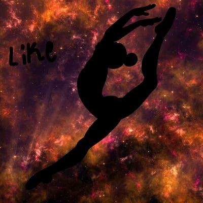 gymnast doing a leap in a leotard with a bent back leg