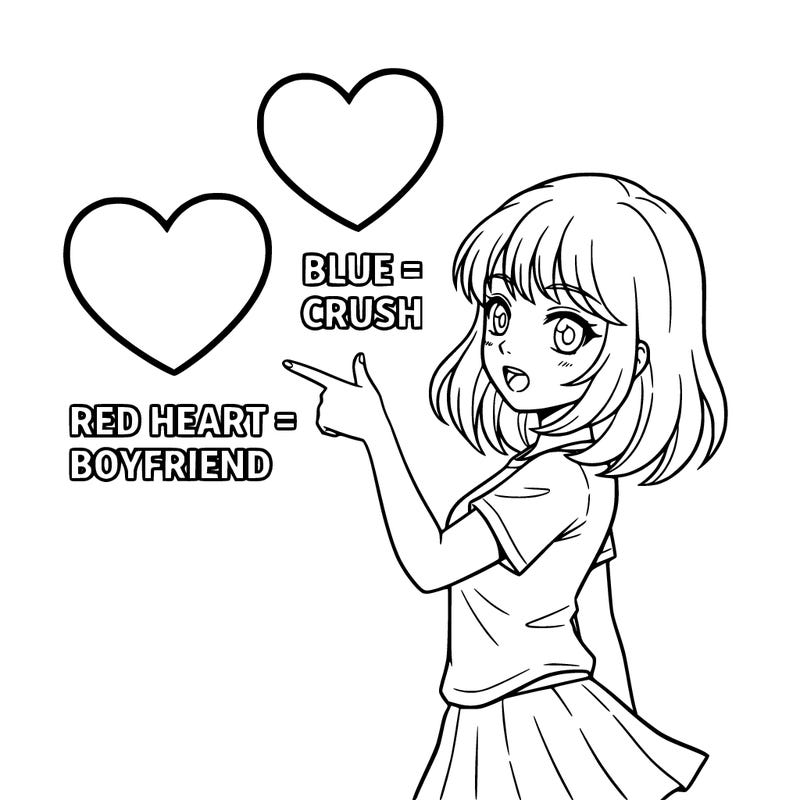 a anime girl saying a red heart=boyfriend and blue is crush and green is bff