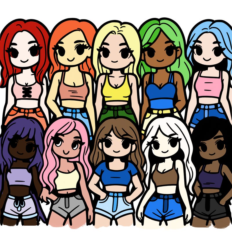 six girls in crop tops standing next to eachother
