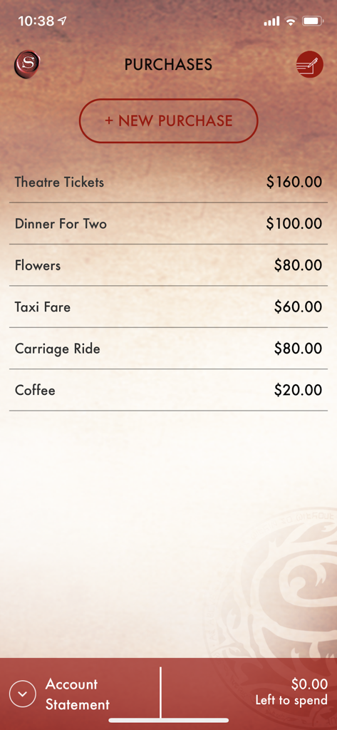The Secret To Money - Purchases screen in The Secret To Money app showing virtual spending for manifestation.