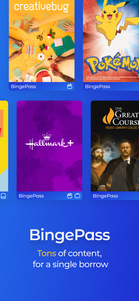 Hoopla Digital BingePass screen showcasing diverse content collections like Pokemon and Hallmark Plus