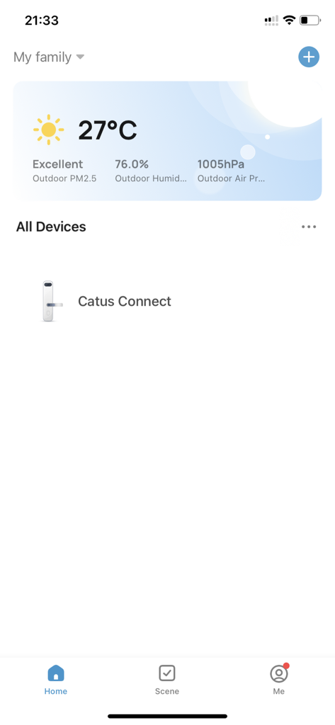 Godrej Digital Lock app home screen showing the Catus Connect smart lock and outdoor weather data