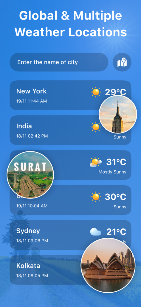 여러 글로벌 도시의 날씨 및 온도를 보여주는 화면