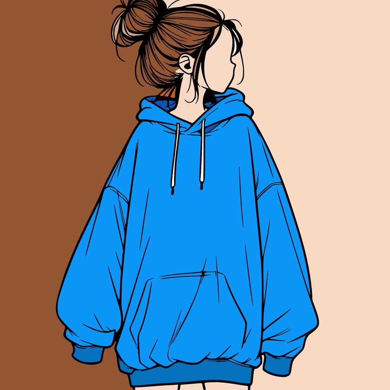 realistic girl with a oversized sweatshirt on and a bun