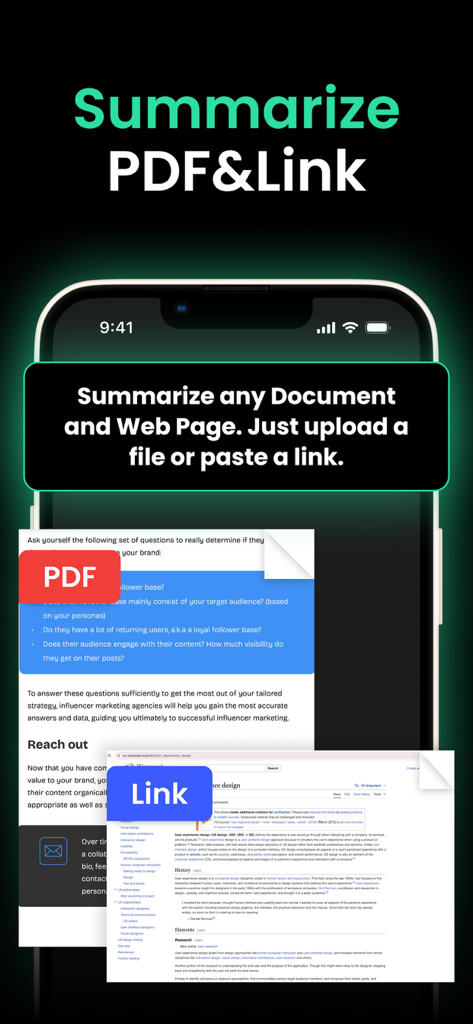 ChatBy AI Chat Bot and Creator - ChatBy AI app screenshot showcasing the summarize PDF and web link feature