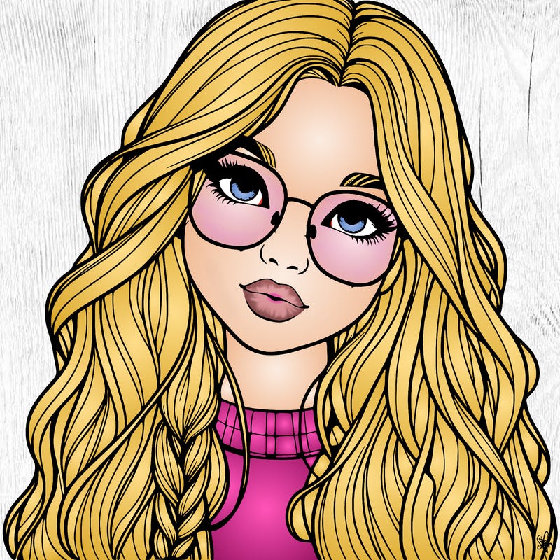 girl with long hair and freckles and glasses realistic