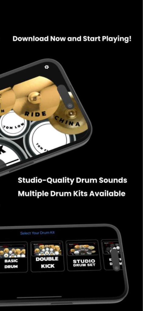Play Drum – Real Drums Kit App - Mobile screens showing the Play Drum app kit selection menu and virtual drum components