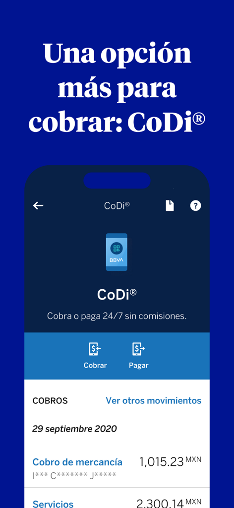 BBVA Empresas México - Interfaccia dell'app BBVA Empresas Mexico per pagamenti CoDi e incassi digitali