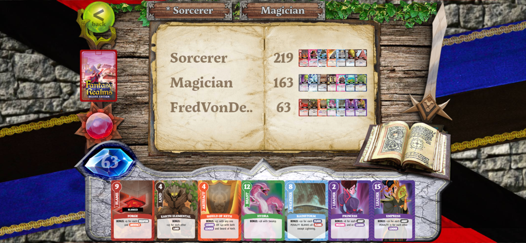 Fantasy Realms by WizKids - Fantasy Realms mobile app end game scoring screen showing player scores on an open book and a final hand of fantasy themed cards