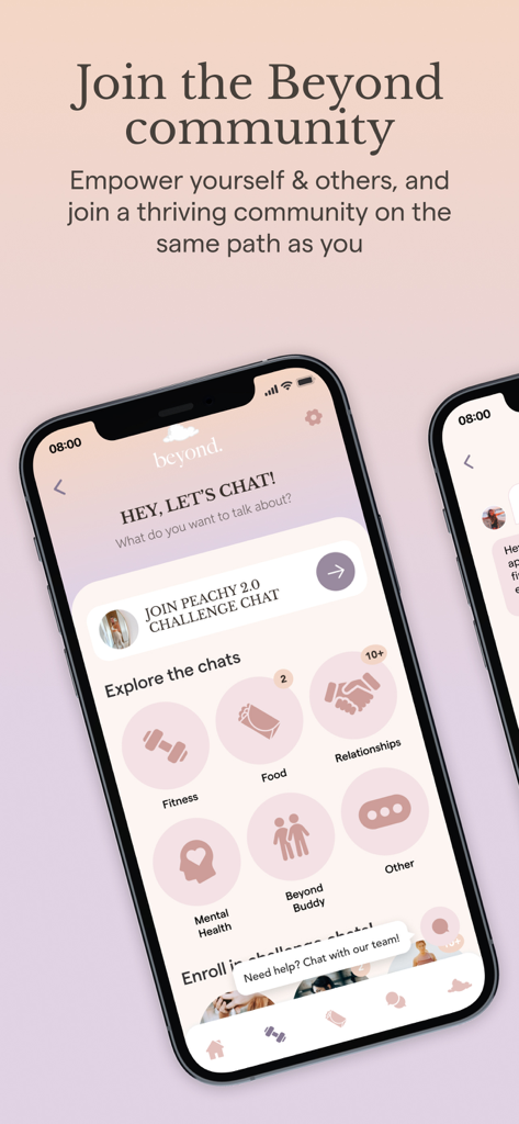Smartphone display of the Beyond App community chat interface with wellness categories.