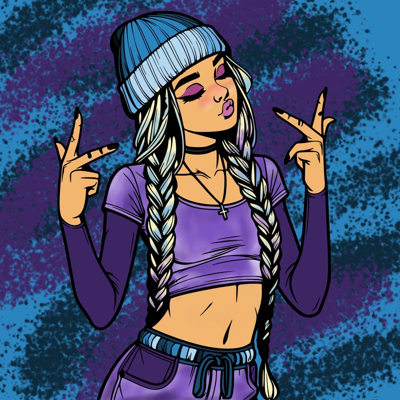 realistic teenage girl with braids and a beanie and crop top doing 🫶🏼