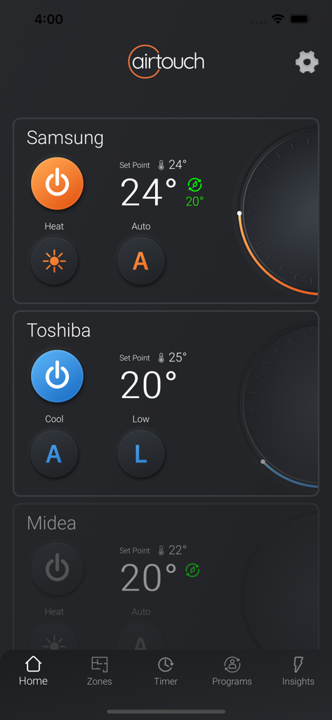 AirTouch 5 - Home screen of AirTouch 5 app displaying temperature controls for multiple air conditioning units