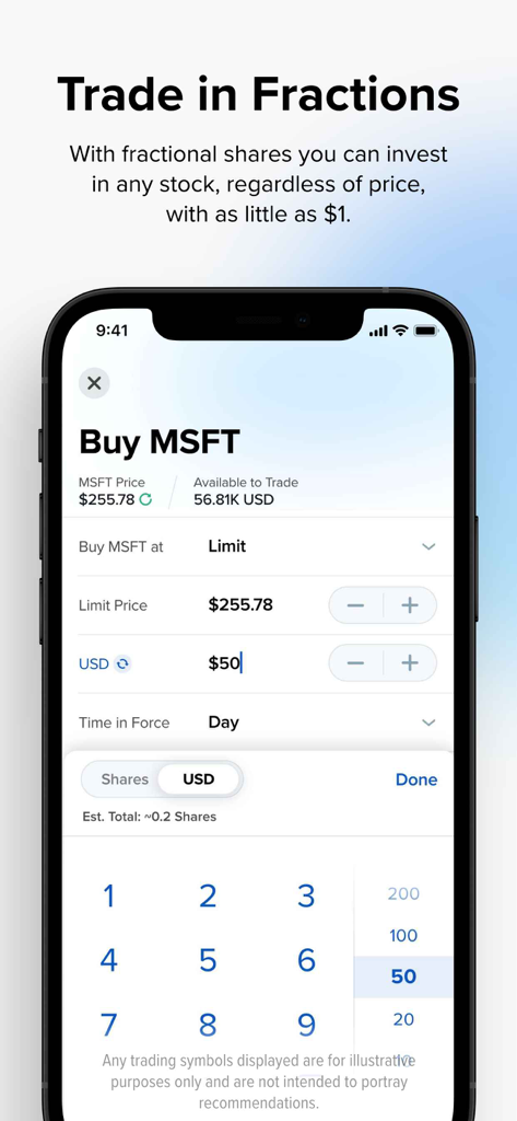 IBKR GlobalTrader - Mobile screen showing the IBKR GlobalTrader app interface for buying fractional shares of Microsoft stock for fifty dollars