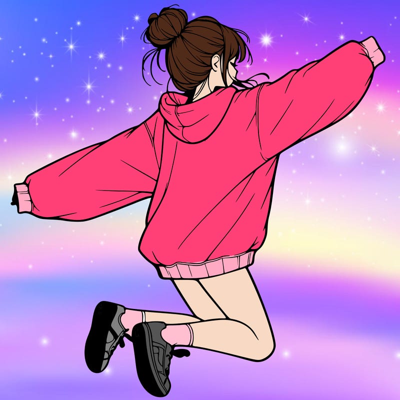 realistic girl jumping with a bun and oversized sweatshirt
